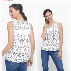 Talbots black white vine embroidered linen blend sleeveless top